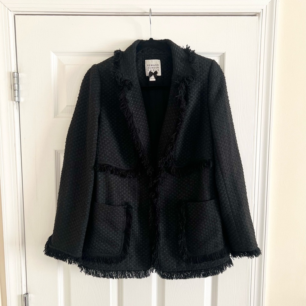 Edward Achour Paris Black Tweed Fringe Blazer Jacket